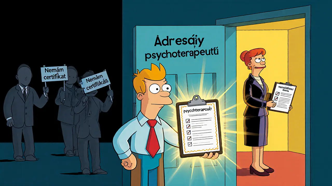 Klient otevírá dveře k ověřenému terapeutovi pomocí certifikátu, zatímco nekvalifikovaní terapeuti mizí.