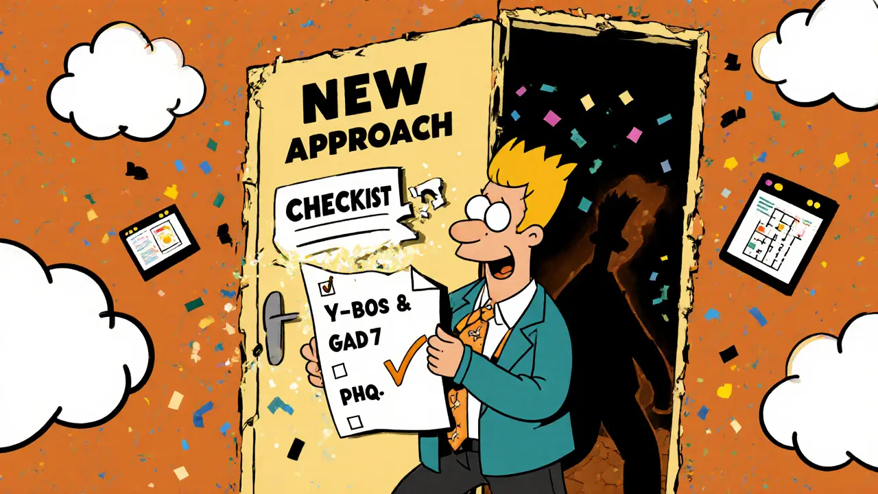 Klient přechází k novému přístupu s nástroji pro měření pokroku v kresleném stylu.