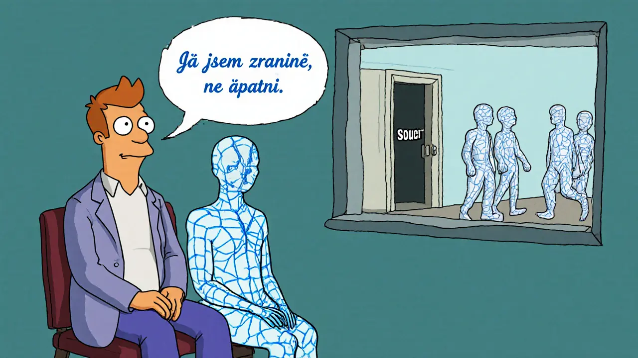 Klient s prasklým tělem a terapeut, kteří spolu hovoří o zranění a přijetí.