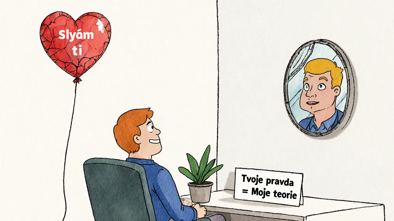 Klient spokojeně hovoří s novým terapeutem, který ho skutečně slyší, v klidném, přátelském prostředí.