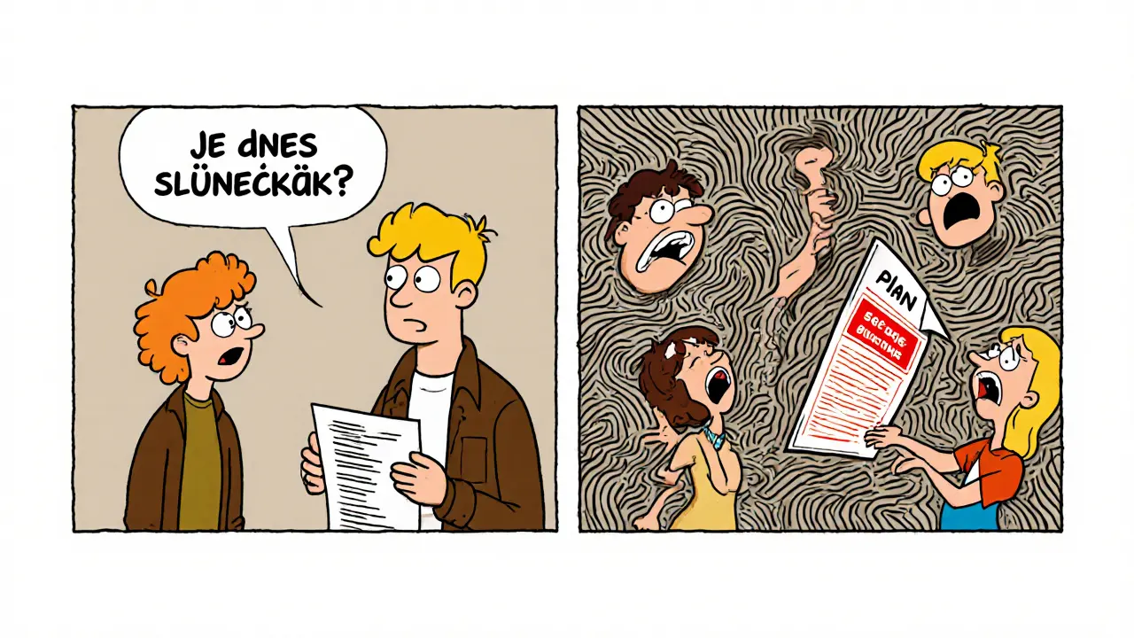 Kontrast mezi klidným jednáním podle plánu a chaoticke reakcí bez plánu v karikaturistickém stylu.