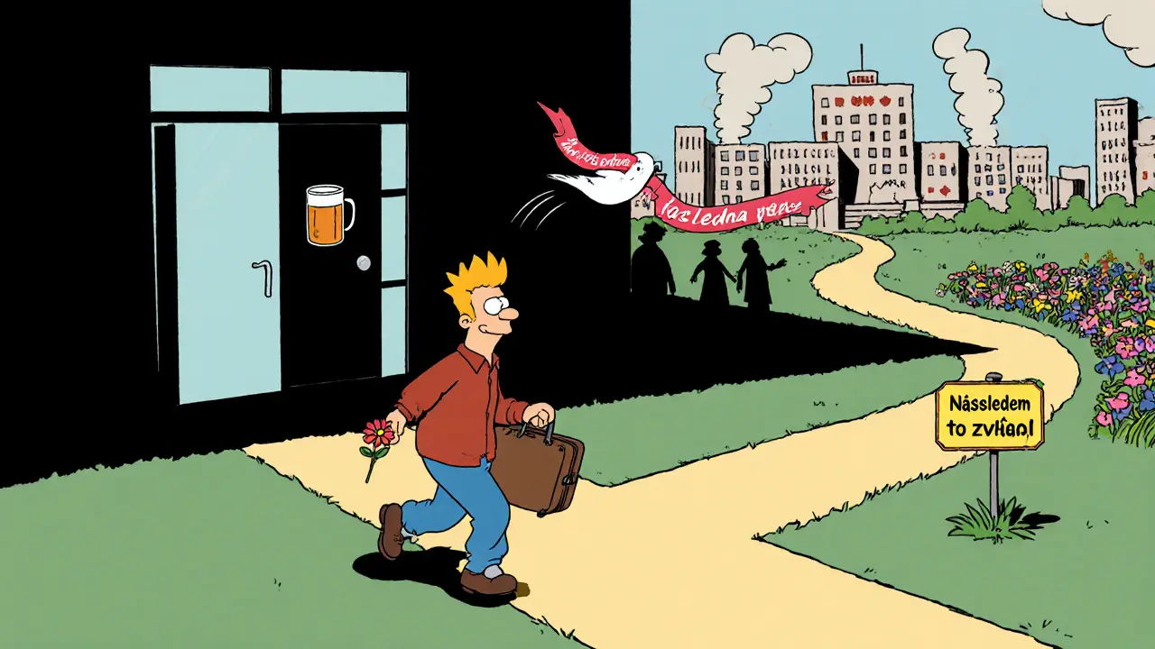 Muž opouští léčebnu s květinou, před ním dvě cesty: jedna do tmy, druhá do světla a naděje.