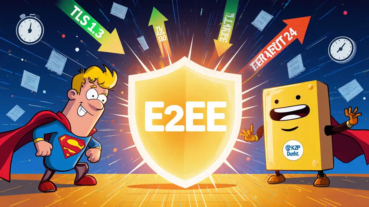 Obrana E2EE blokuje nebezpečné data, zatímco dvě platformy stojí proti sobě s certifikáty.