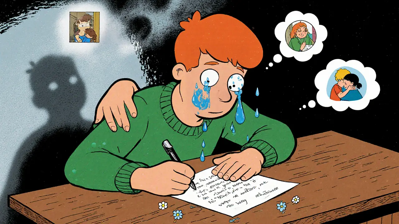 Osoba píše dopis svému dítěti, kde slzy přeměňují v květiny.