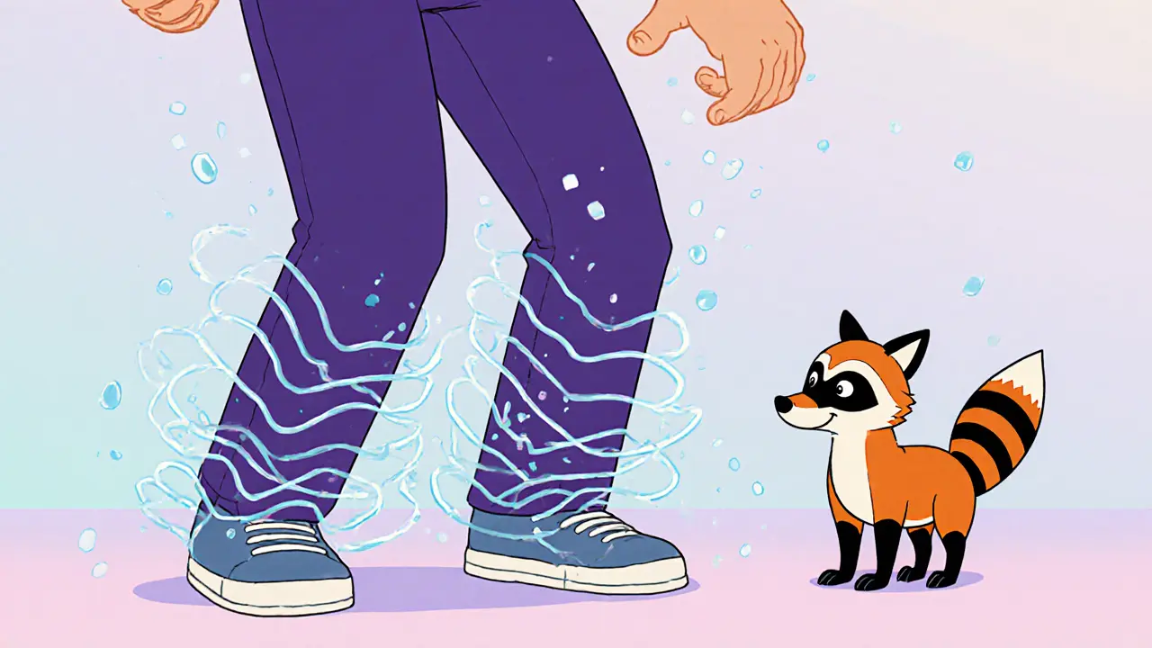 Osoba se jemně třese, z jejích nohou vychází vlny energie, zatímco malé zvíře pozoruje uvolnění.