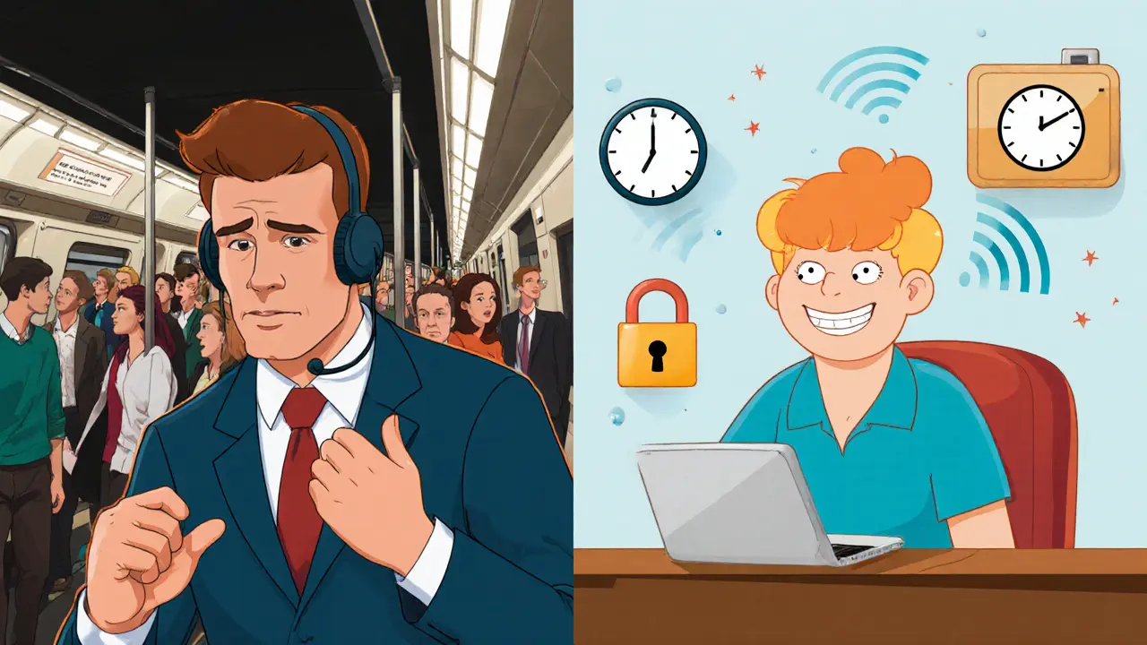 Osoba v metru na videokonferenci s terapeutem, zatímco doma je klid.