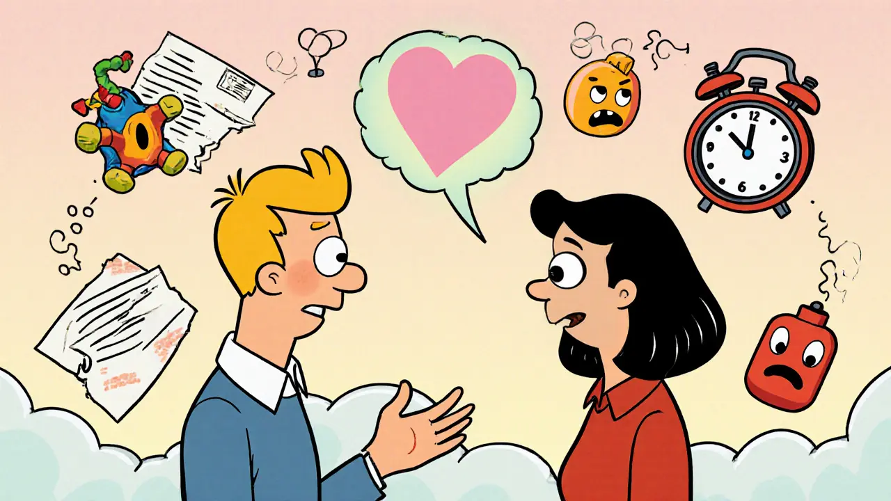 Pár provádí dialog v kruhu s dětskými předměty, deaktivují alarmy srdcem.