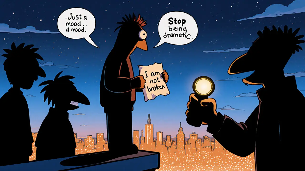 Postava na okraji města drží papír s &#039;Nejsem poškozený&#039;, zatímco temné postavy šeptají kritiku.