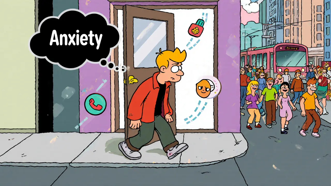 Postava opouští dům a postupně ztrácí úzkost, zatímco kolem ní vznikají znaky úspěchu.