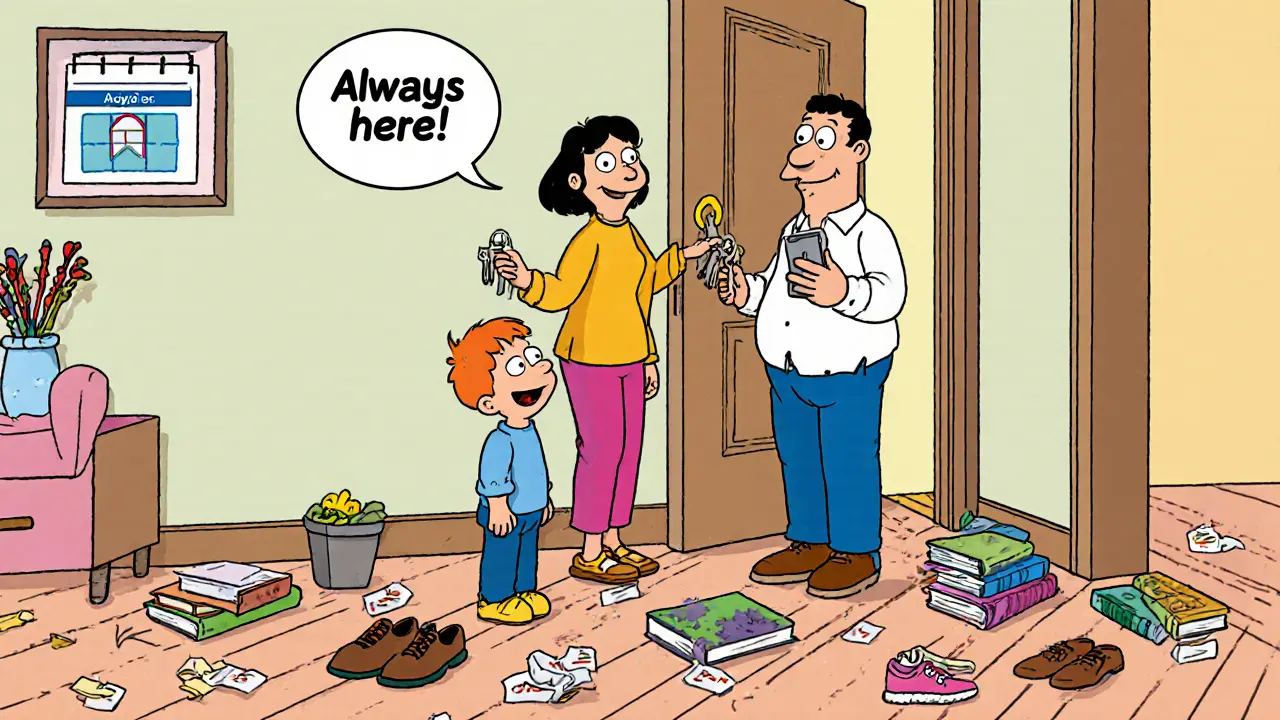 Rodina u dveří připevňuje klíčový stojan, dítě klíče klade na místo.