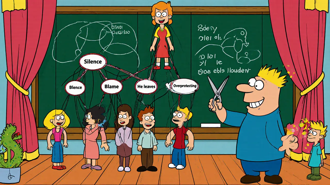 Rodinný strom jako pupetrová hra s nitkami označenými rolemi, terapeut drží nůžky, aby přerušil vzory.