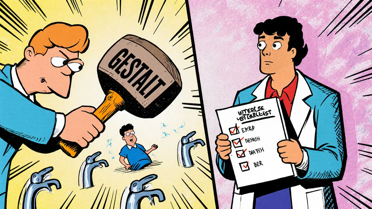 Rozdíl mezi neúčinnou gestalt terapií a efektivní expozicí pro OCD v kresleném stylu.