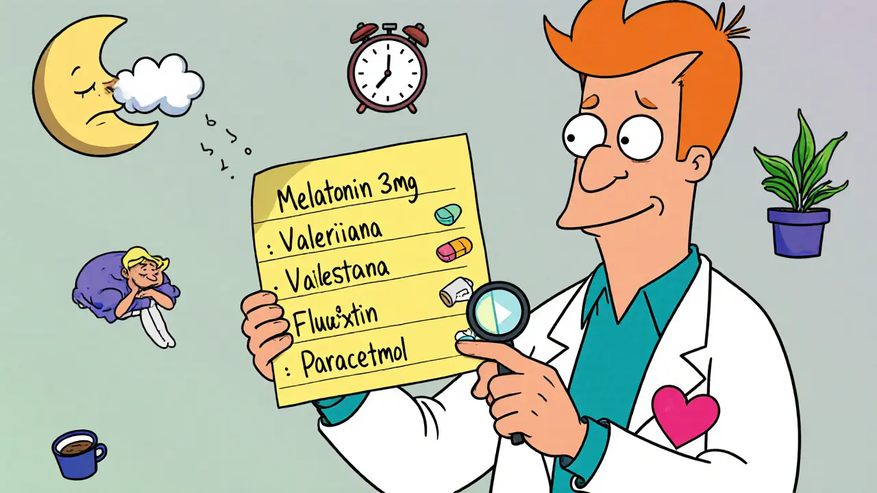 Seznam léků na lepkavé poznámce s ikonami spánku, kávy a pilulek, ukazuje lékaři.