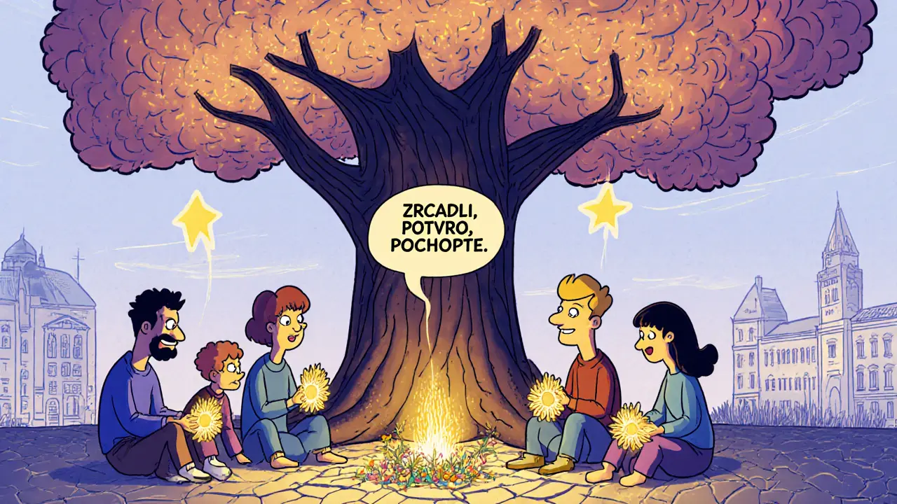 Skupina lidí v kruhu pod mozkovým stromem, kde se objevují květiny z dialógů.