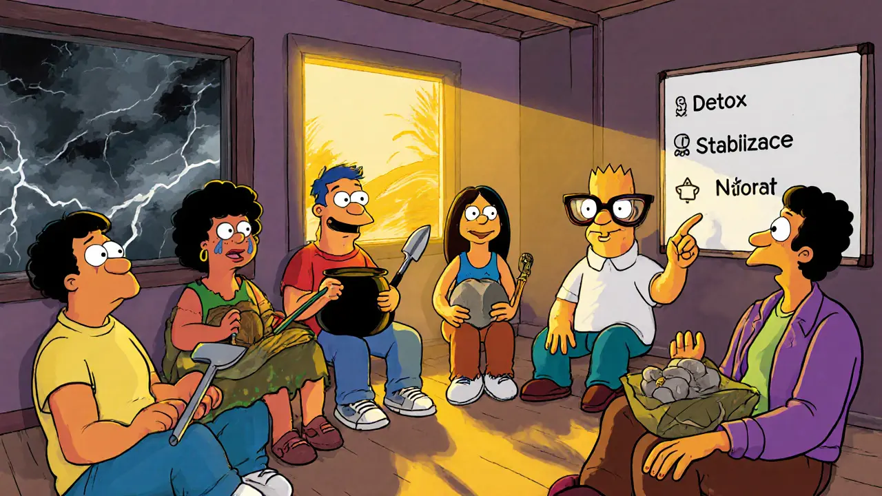 Skupina lidí v terapeutické komunitě sedí v kruhu, každý drží symbol své cesty k uzdravení.