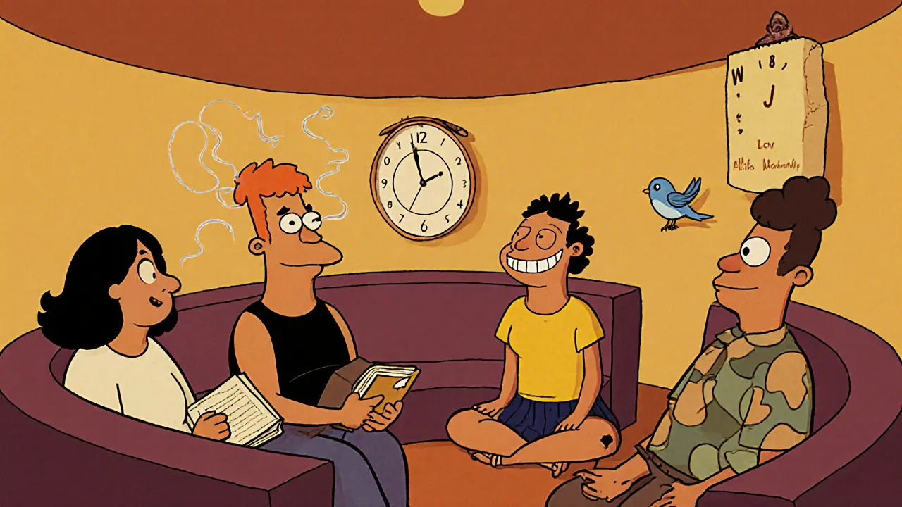 Skupinová terapie s lidmi, kteří se učí dýchat, psát a najít klid spolu.