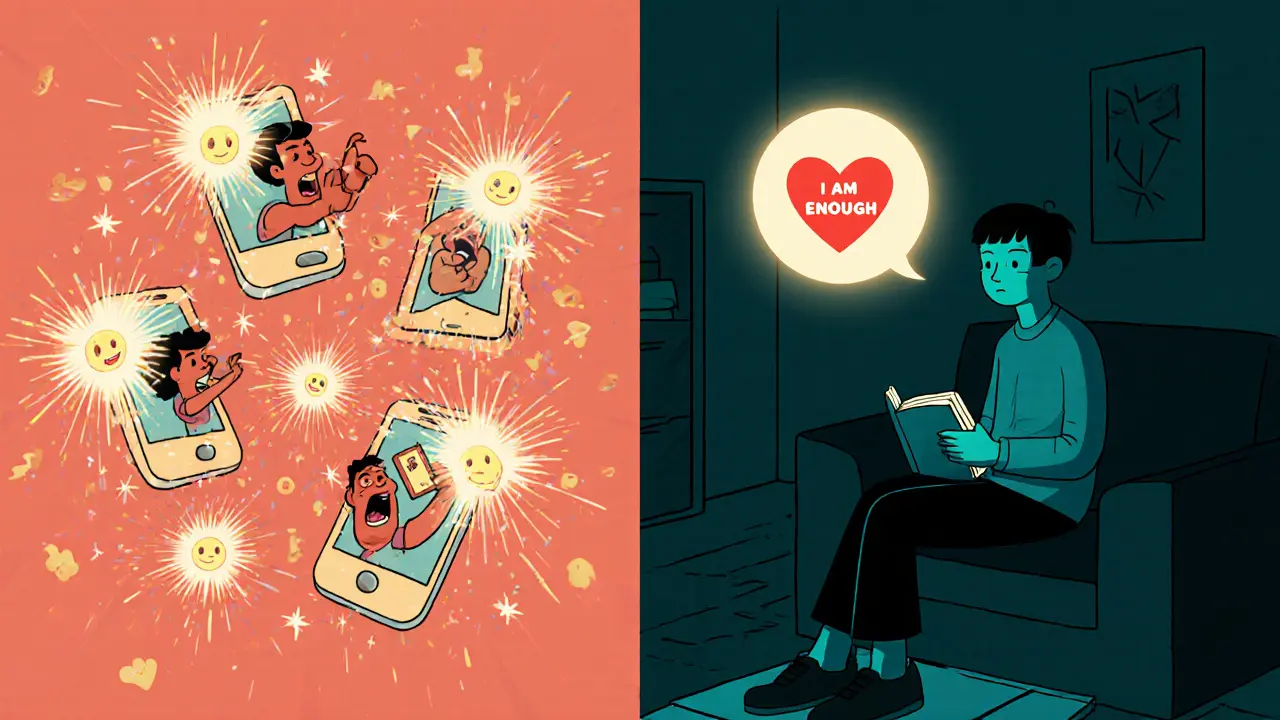 Split scene: person posting dramatic selfies vs. sitting quietly with inner affirmation in cartoon style.