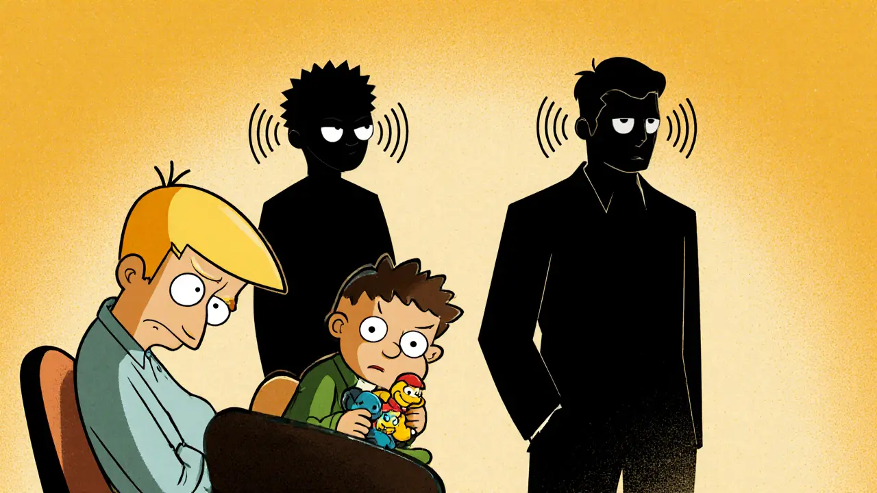 Terapeut a klient s stínovými obrazovkami minulosti, znázorňující přenos a protipřenos.