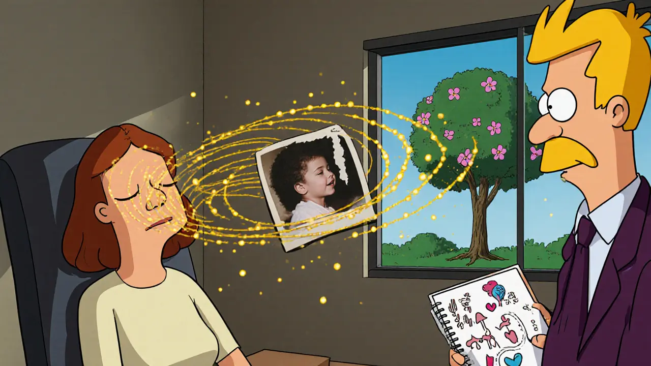 Terapeut a pacient spolu v kanceláři, zlaté stopy EMDR přeměňují traumatickou vzpomínku na mírnou fotku.