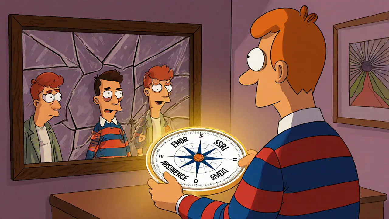 Terapeut a pacient spolu v místnosti, nad jejich hlavami se objevují klíčové prvky léčby PTSD.