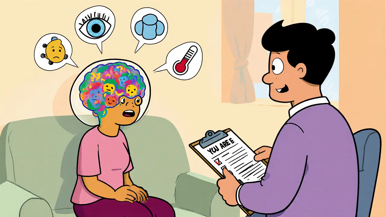 Terapeut a pacient spolu v místnosti, nad nimi symboly DBT dovedností, teplé a nadějné prostředí.