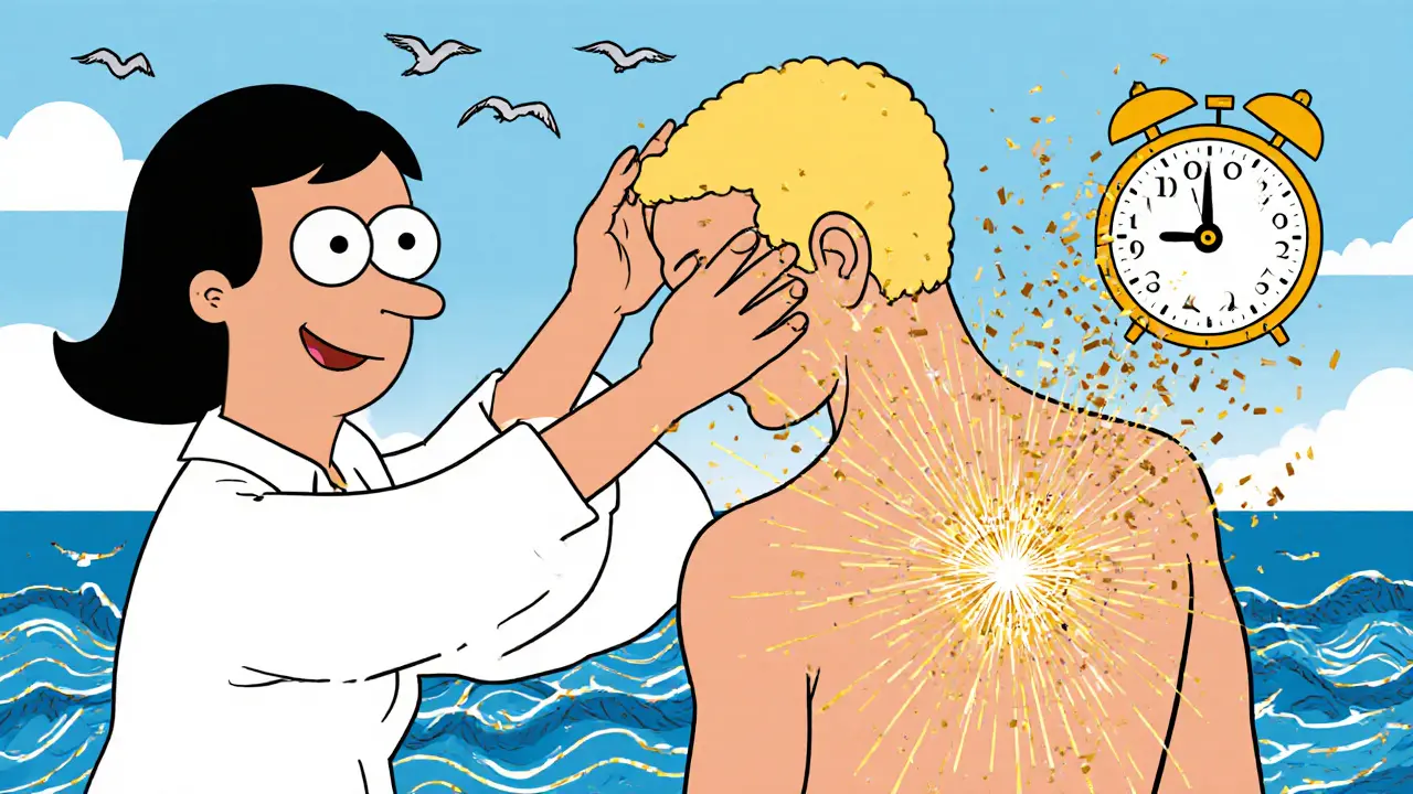 Terapeut jemně dotýká klienta, z jeho těla vycházejí zlaté vlny, které mění minulé trauma v kousky konfeti.