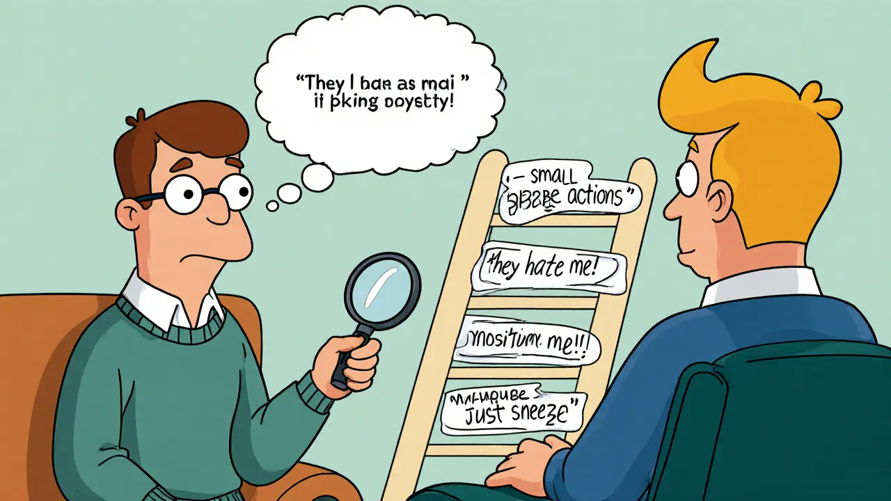 Terapeut ukazuje klientovi, jak přeměnit negativní myšlenku na reálnější.