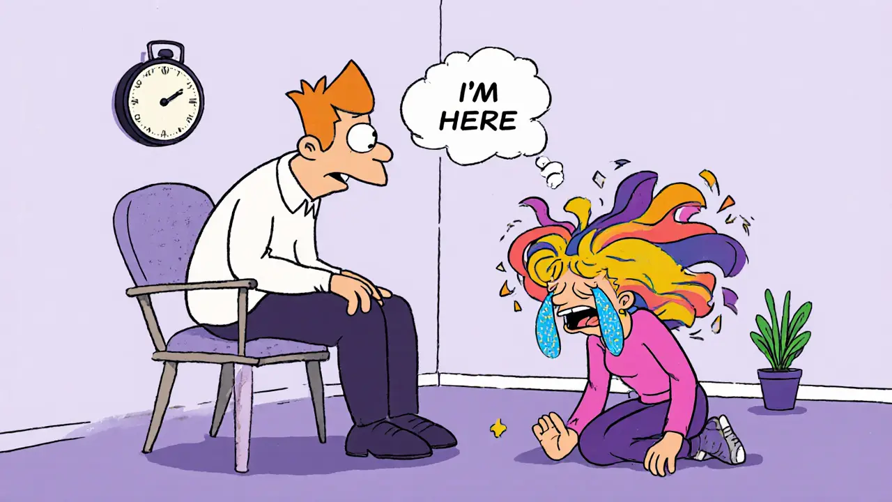 Therapist calmly sitting while patient performs exaggerated emotional scene in vintage cartoon style.