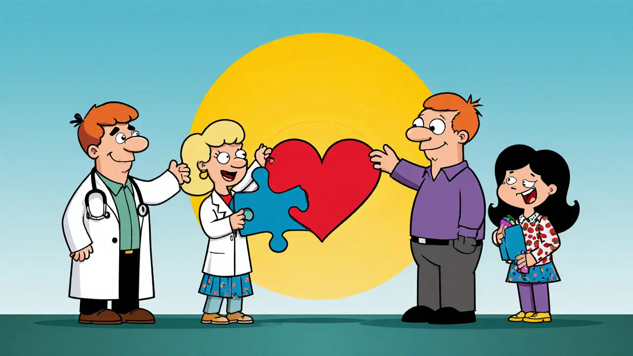 Tým lékařů a rodina skládá srdcovité kousky skládačky do tvaru člověka.