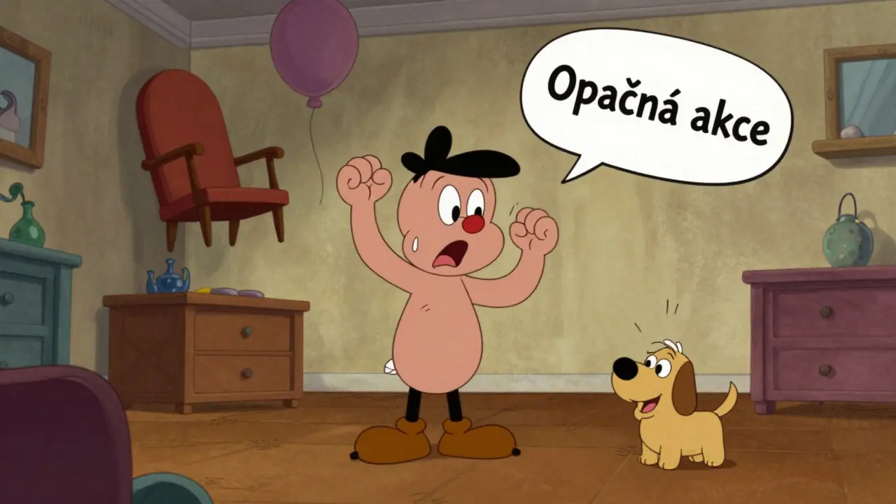 Člověk dělá opačnou akci — místo křiku dělá hluboký vdech, nábytek se zvedá.