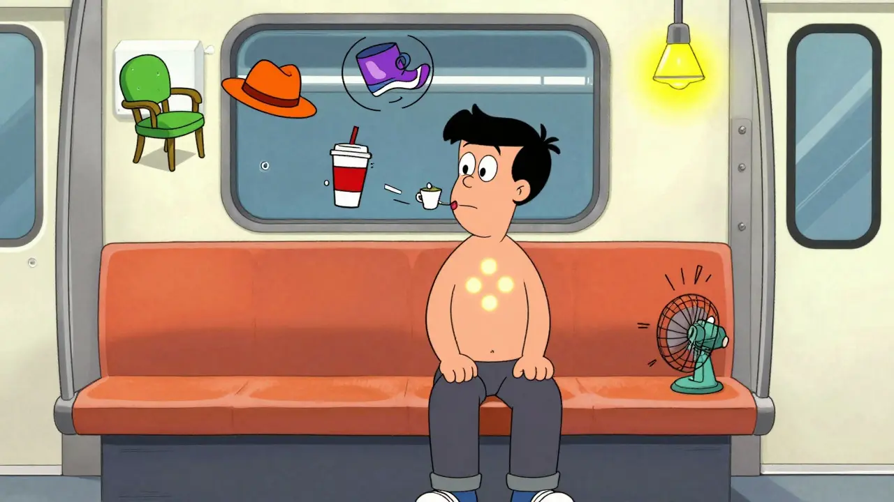 Člověk používá techniku 5-4-3-2-1 na nádraží, kolem něj plavou viditelné pocity a zvuky.