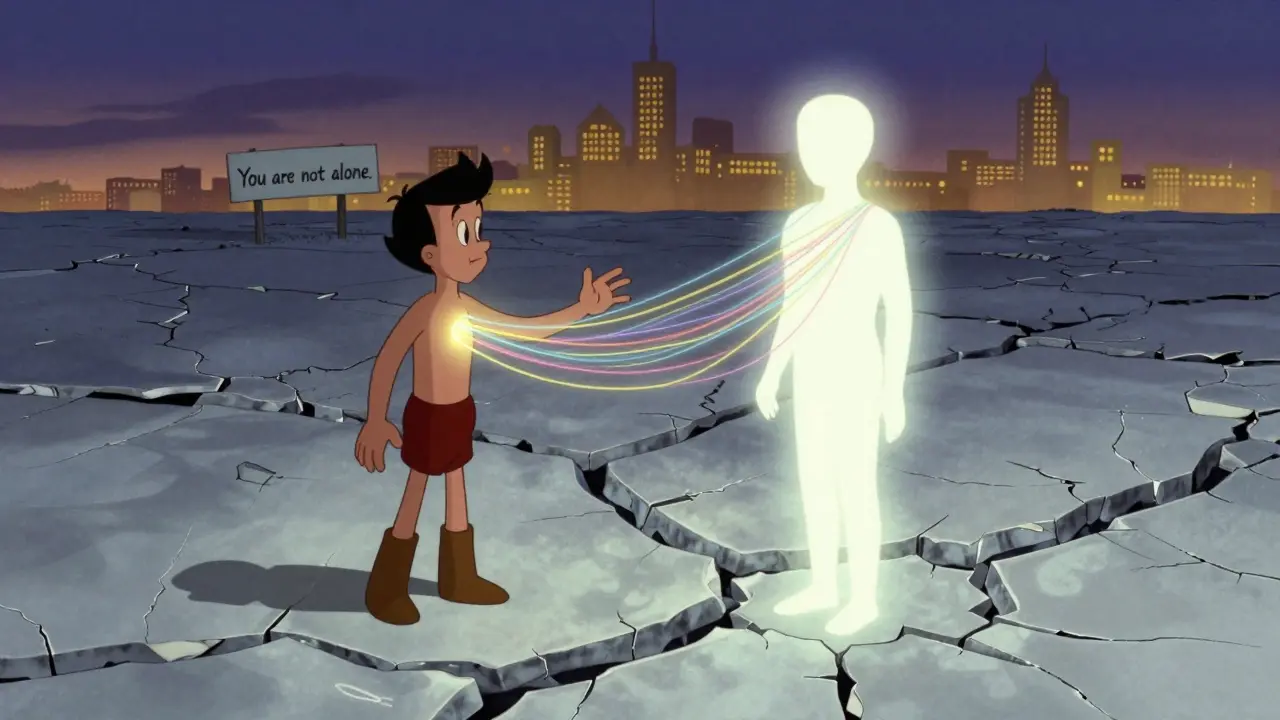 Člověk sbírá rozbité kousky sebe sama, které se přes světelné nitky opět spojují do celku.