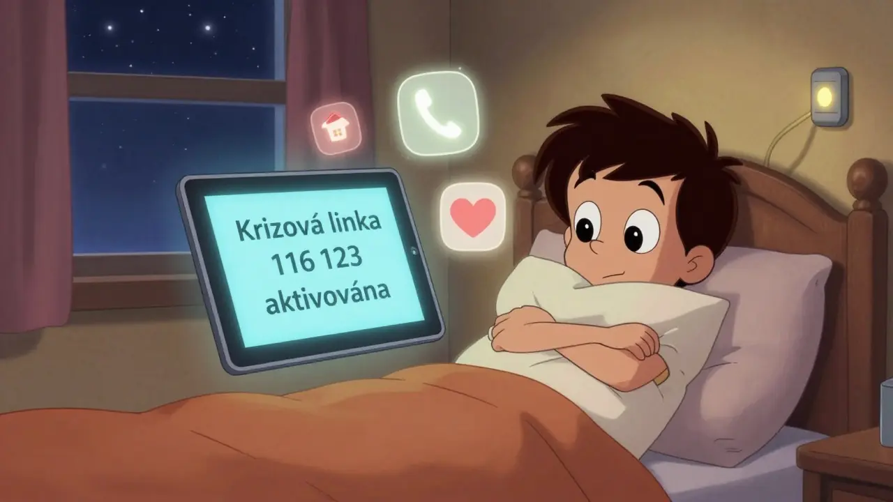 Člověk sleduje krizovou pomoc na tabletu v klidné noční místnosti.