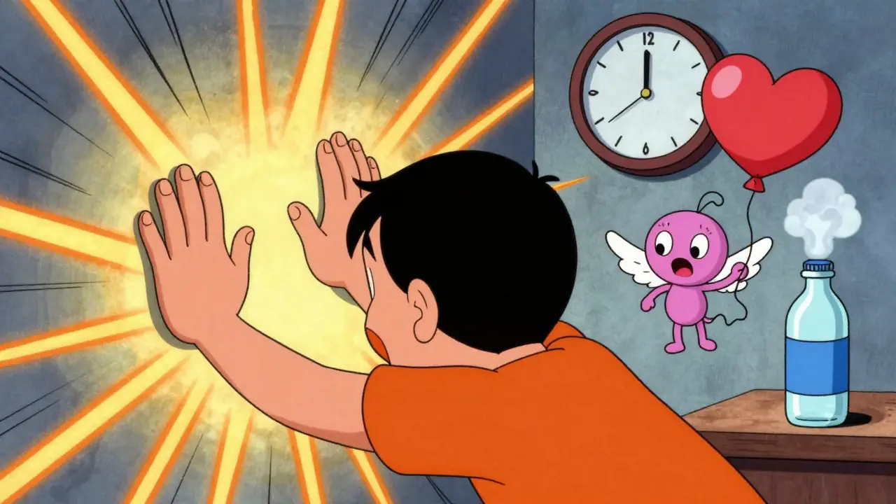 Člověk tlačí ruce do zdi, z jeho dlaní vychází energie, vedle něj je studená láhev.