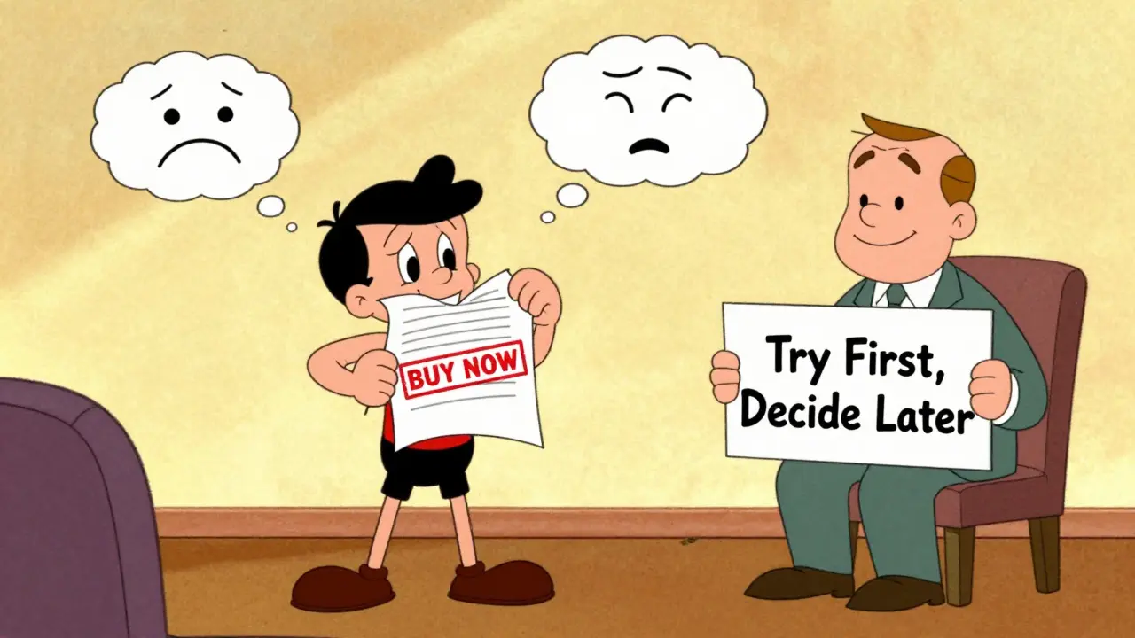 Člověk trhá smlouvu, terapeut mu usmívá a drží znamení &#039;Zkuste nejprve&#039;.