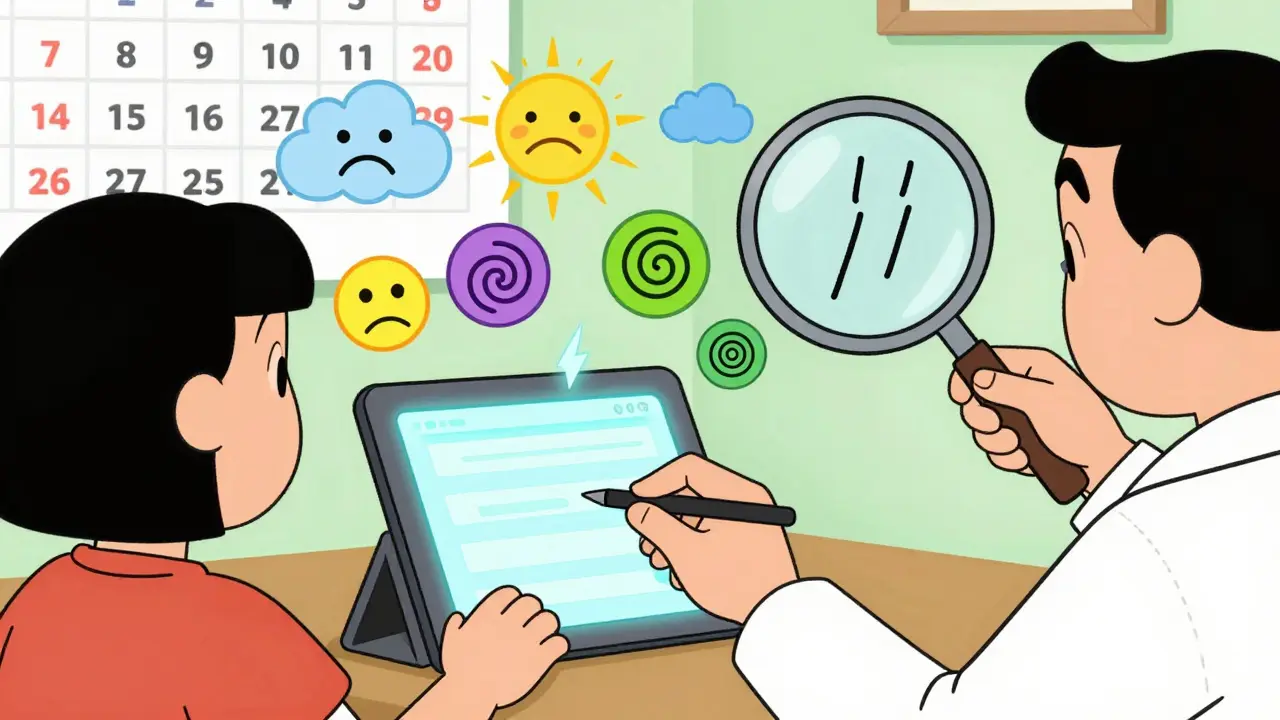 Člověk zapisuje do digitálního deníku, kde se emoce převážejí z temných do světlých tvarů.