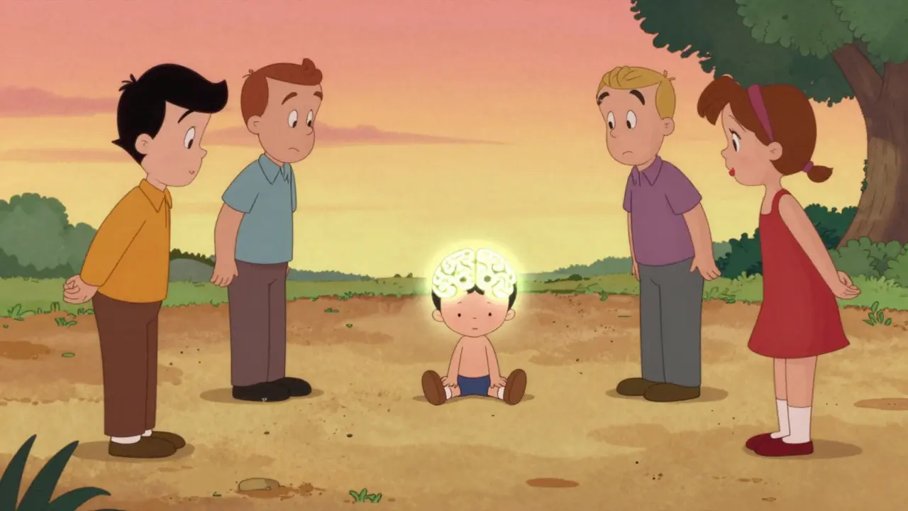 Dítě v klidném koutě hřiště, zatímco dospělí kolem něj mění své chování.