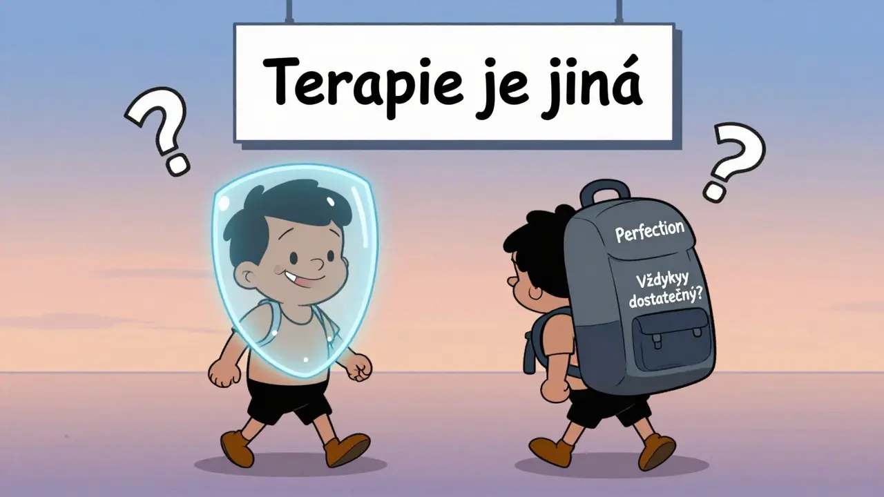 Dva muži jdou od sebe: jeden s štítem ERP, druhý s těžkým batohem 'Dokonalost'.