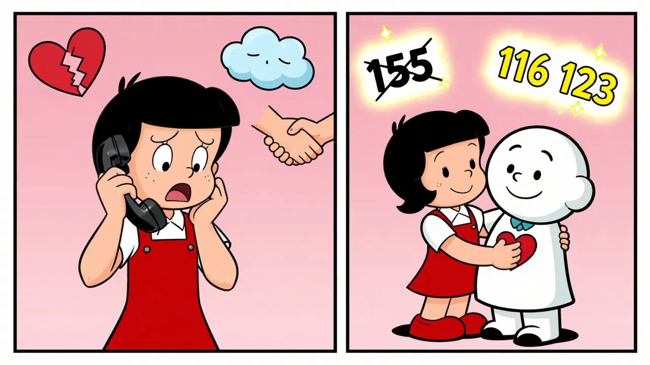 Dvě scény: jeden člověk volá sanitku, druhý hovoří s terapeutem — obrazovky ukazují rozdíl v pomoci.