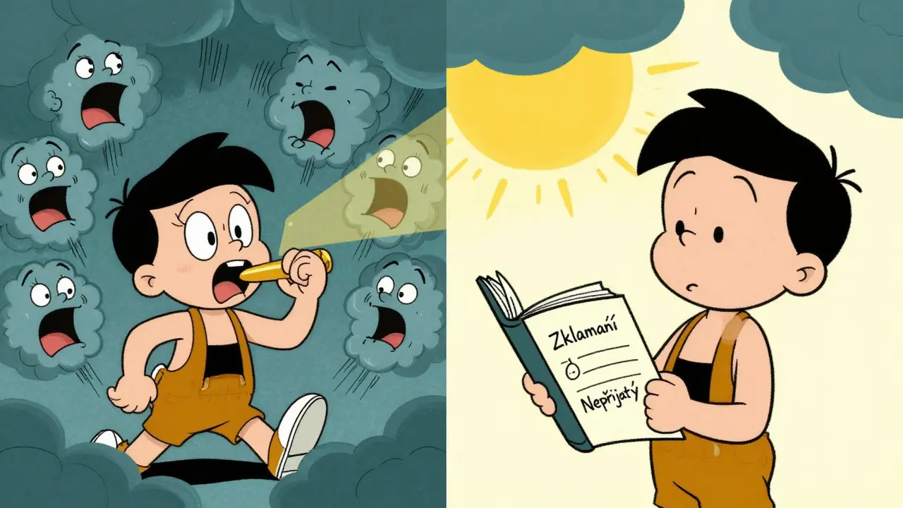 Dvě scény: jedna s chaotickým přejídáním, druhá s klidným dýcháním a zápisem emocí.