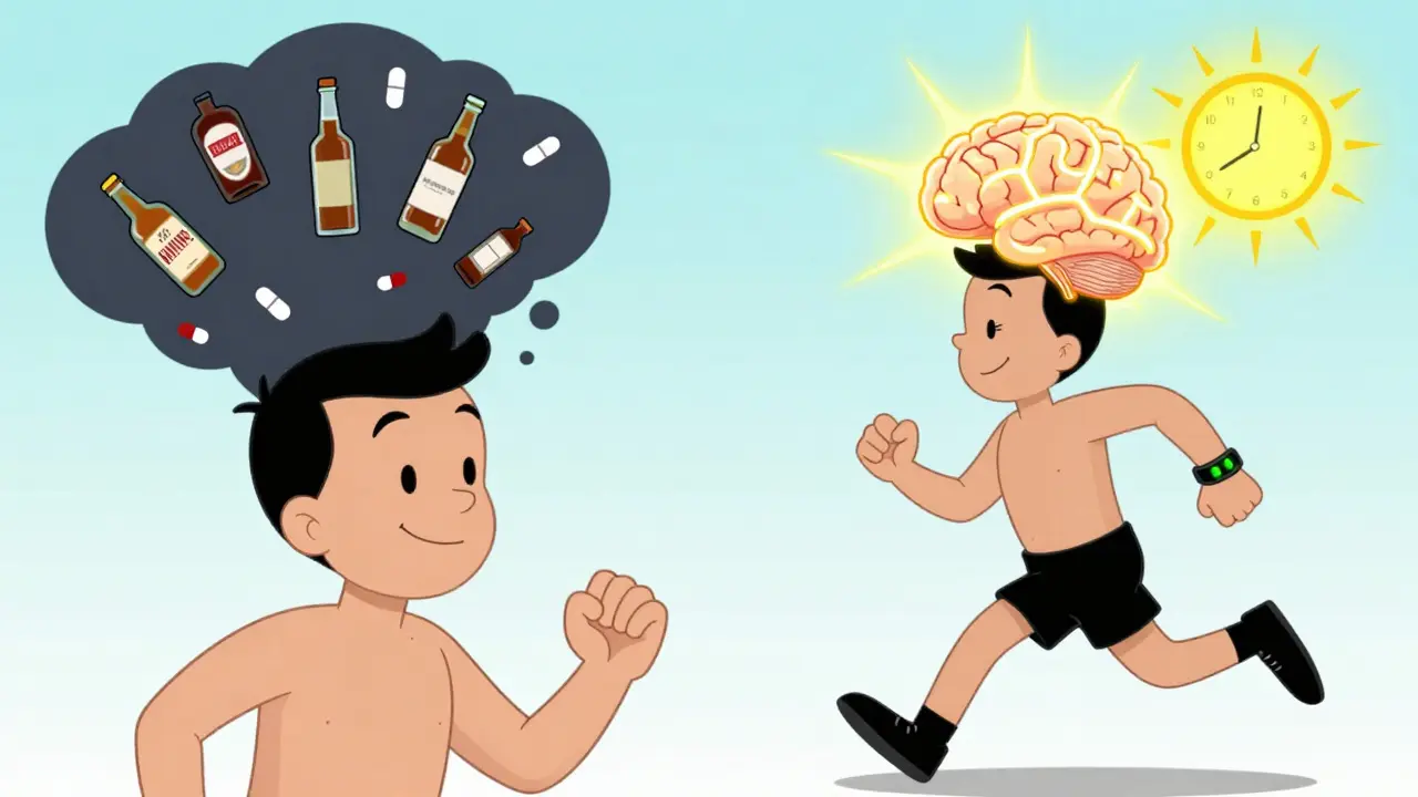 Dvě scény: vlevo muž s návykovými látkami, vpravo ten samý muž běží pod sluncem s aktivním mozkem.