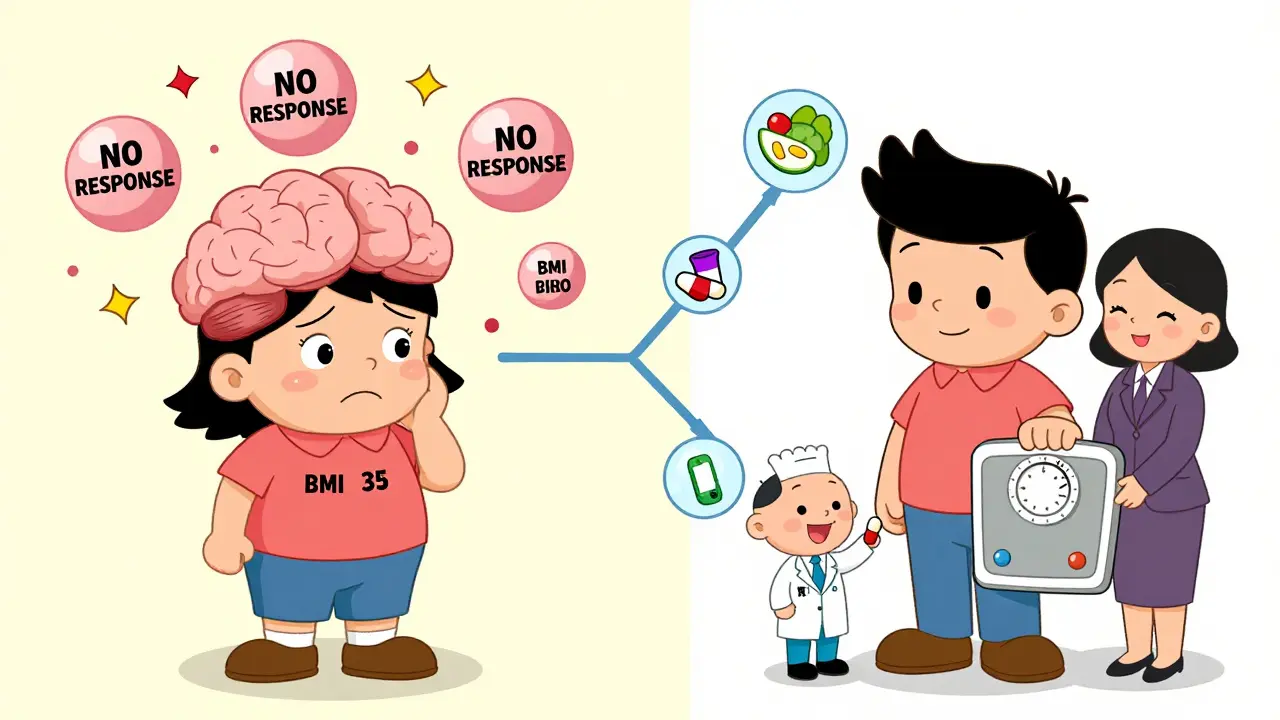 Dvě strany jedné postavy: jedna s nereagujícími signály sytosti, druhá s lékem a terapeutem, symbolizující kombinovanou terapii.