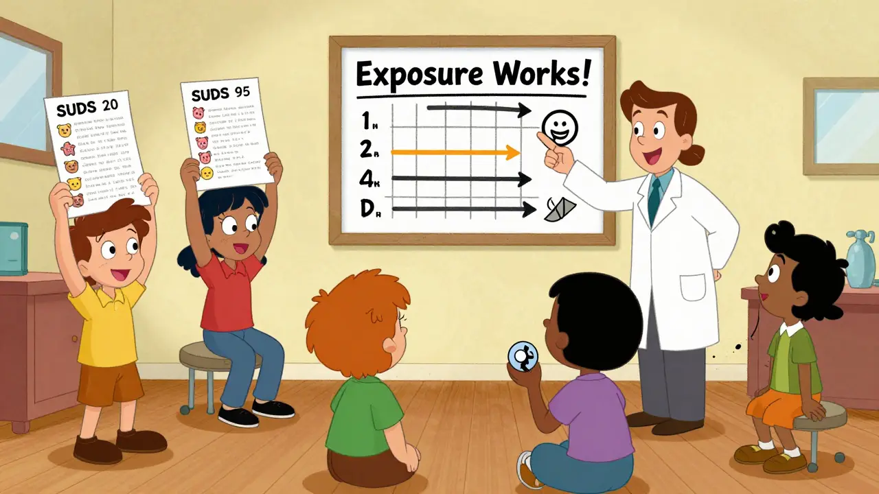 Group in therapy room holding fear hierarchy charts with funny icons and progress chart.