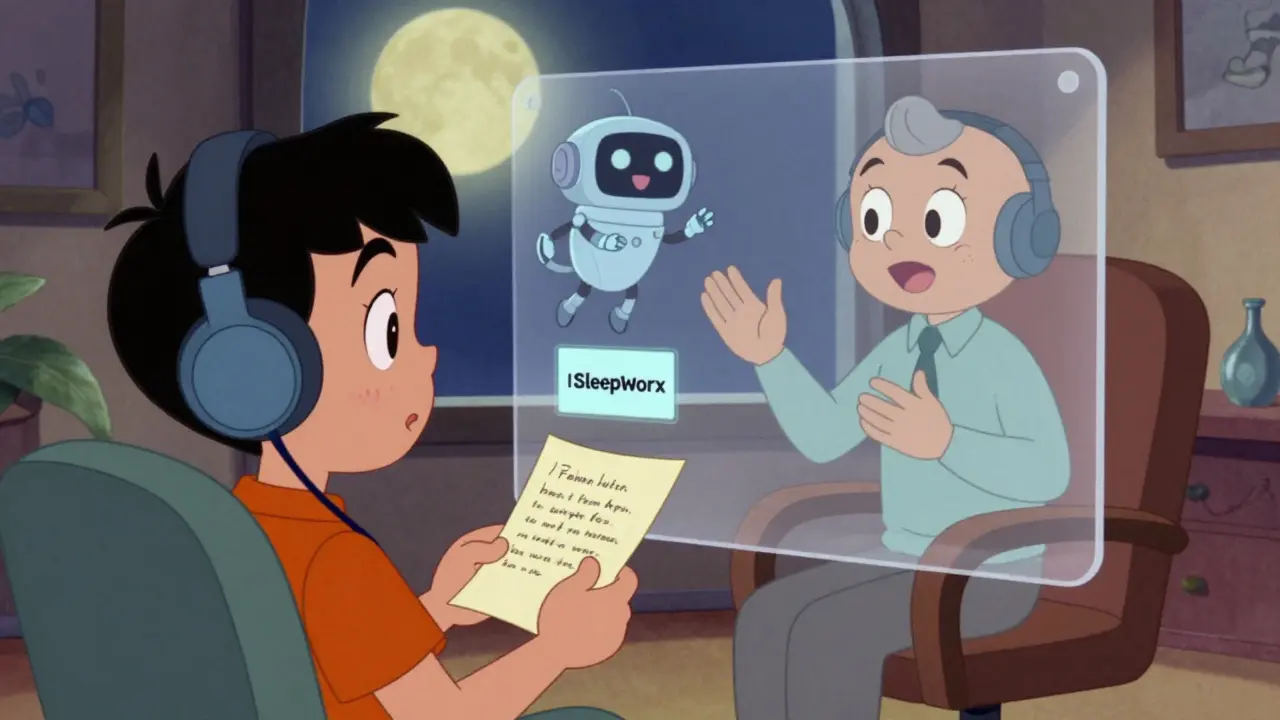 Hybridní terapie: člověk kombinuje aplikaci, deník a terapeuta v klidné noční scéně.