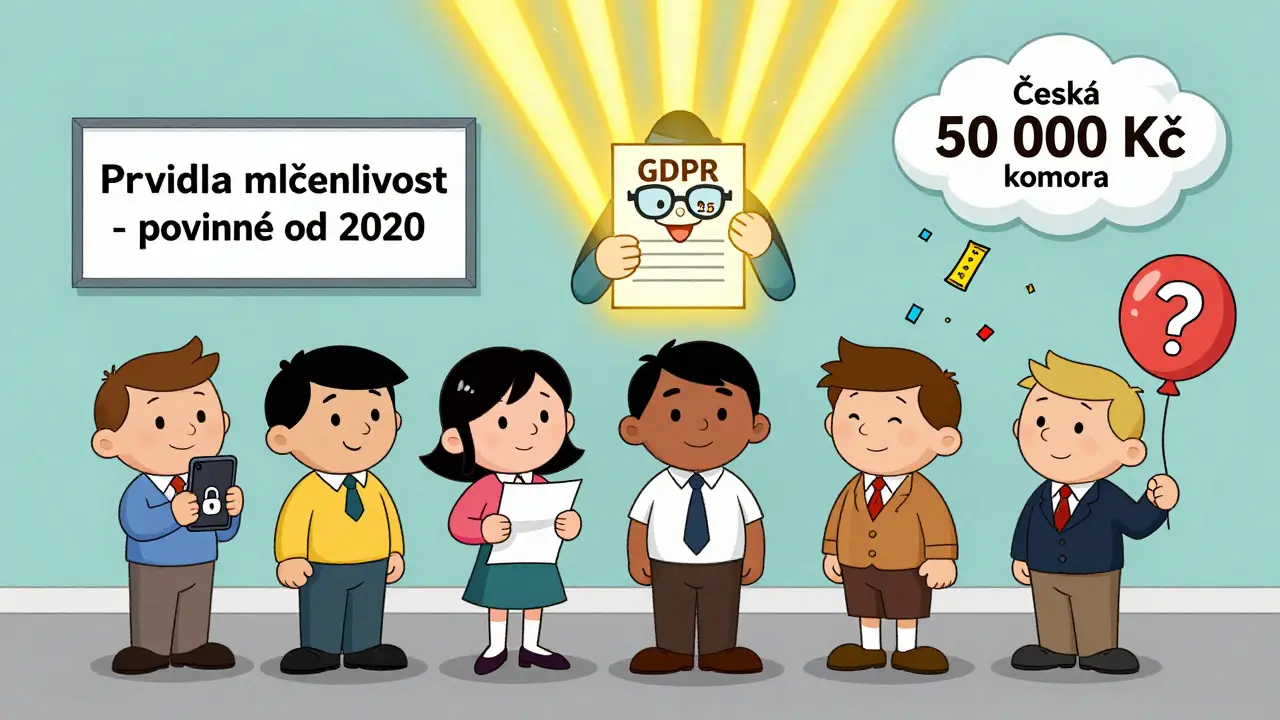 Klienti čekají na terapii, zatímco terapeut ukazuje dokument o důvěrnosti a GDPR.