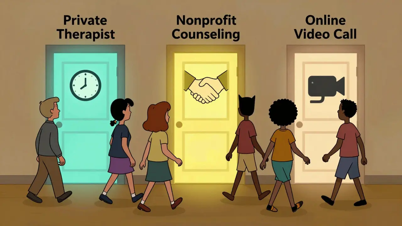 Lidé se blíží ke třem dveřím s různými možnostmi bezplatné konzultace.