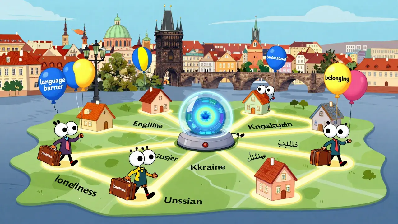 Mapa Prahy s barevnými cestami spojujícími domovy s centrem online terapie.