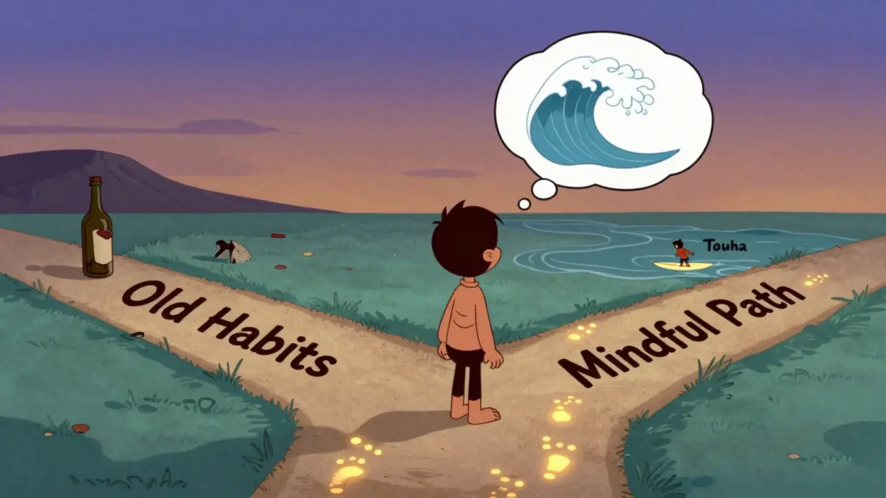 Muž na rozcestí: jedna cesta k závislosti, druhá k míru s touhami jako vlnami.