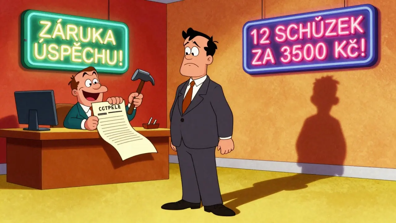 Muž odchází od soukromého terapeuta, který ho chce přesvědčit k placené terapii.