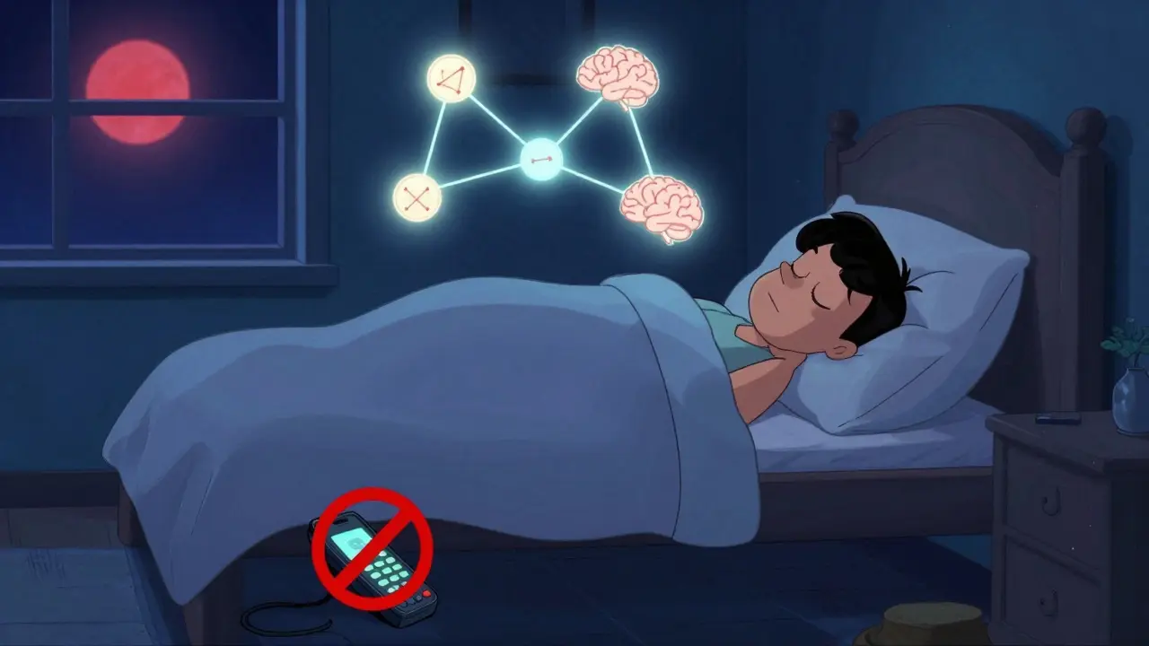 Muž spí v posteli, nad ním se svítící buňky mozku spojují, telefon leží vypnutý na zemi.